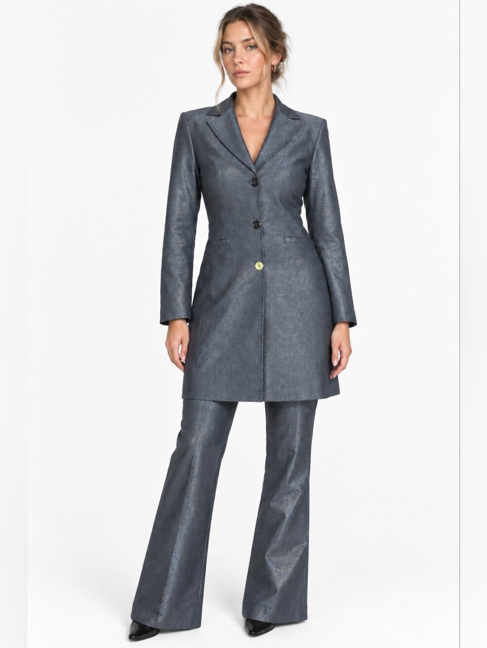 Bebe Metallic Grey Suit Skirt Pant Blazer Jacket Set Y2K 6/8